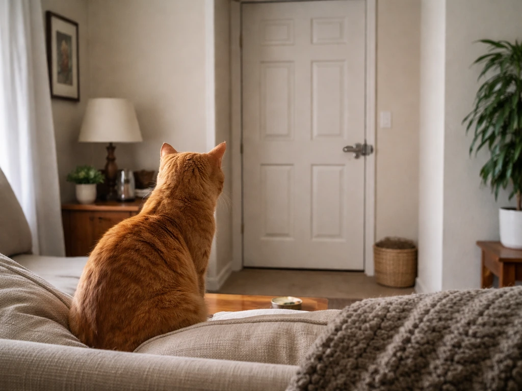 Orange tabby cat watches a closed, latched doorway leading to a separate bird room.