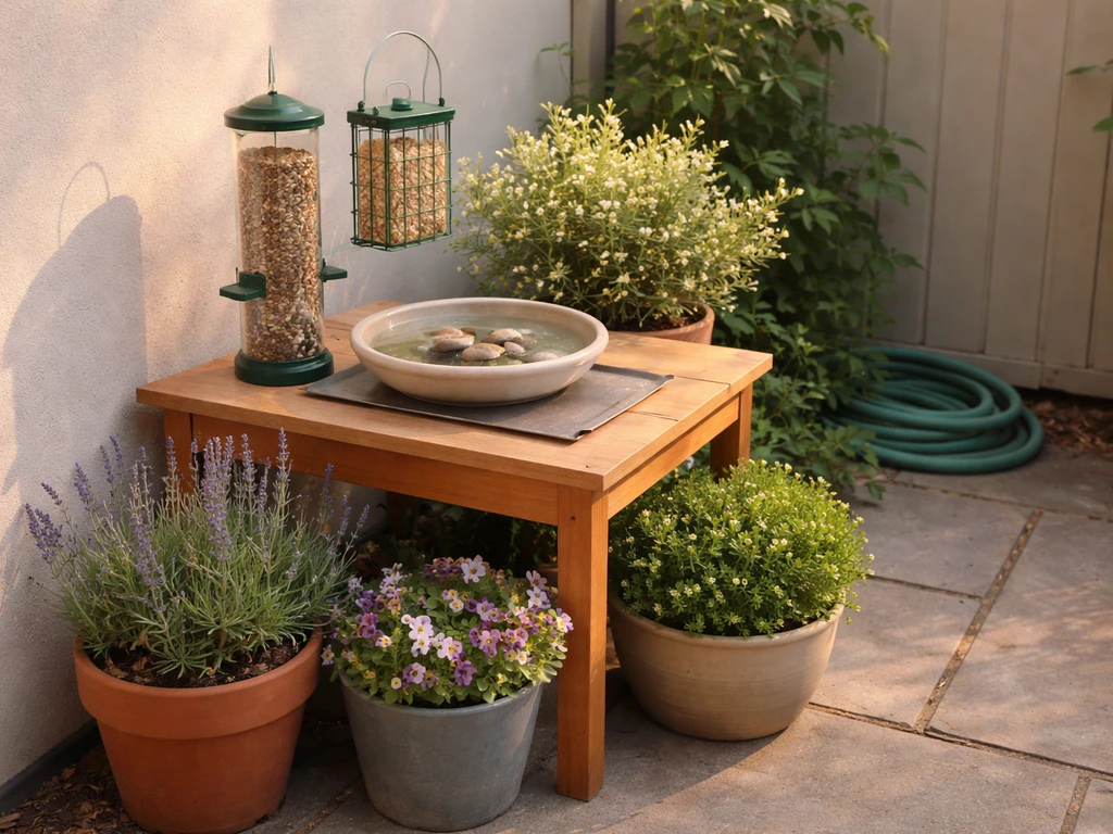 Compact patio with small bird feeders, shallow bird bath, and container plants in warm natural light.