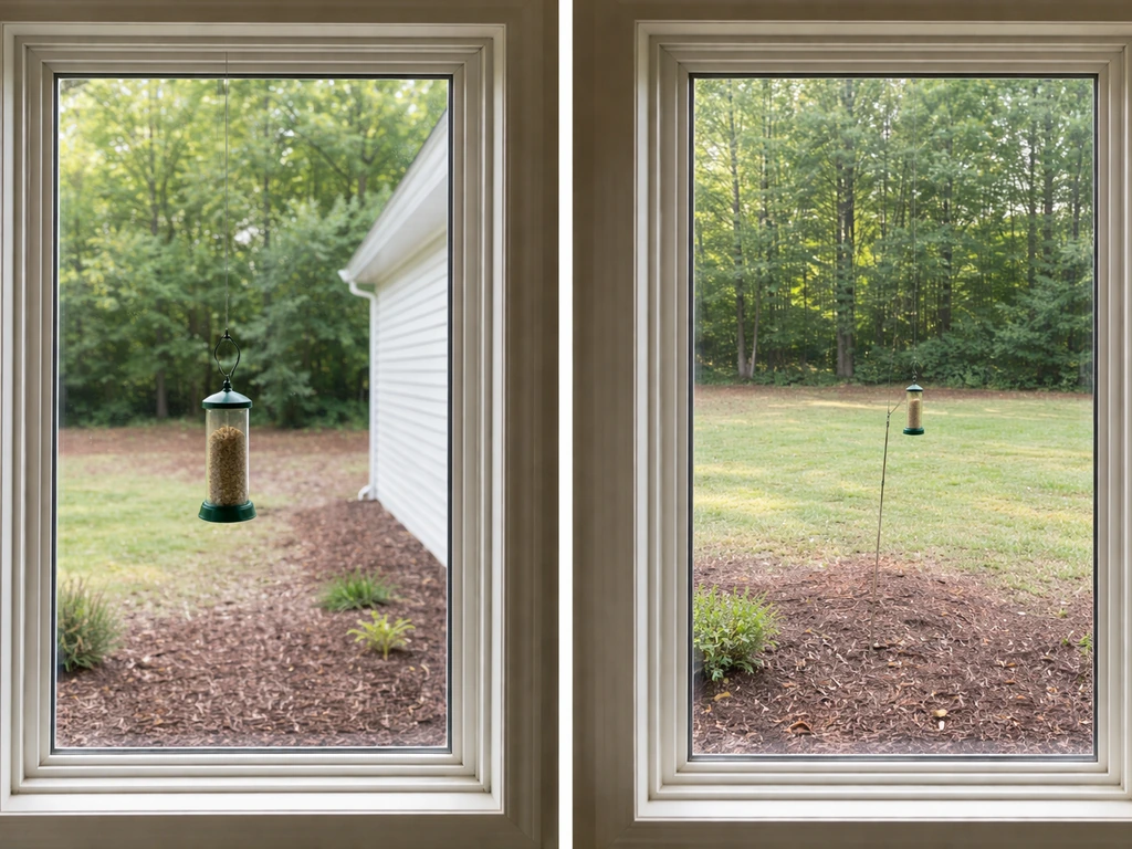 Split view showing a bird feeder close to a window vs far away to illustrate safer spacing.