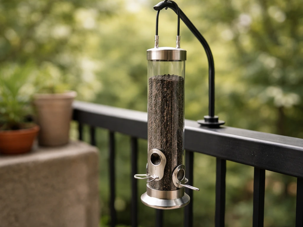 Close-up of a compact tube bird feeder filled with nyjer seed on a small patio