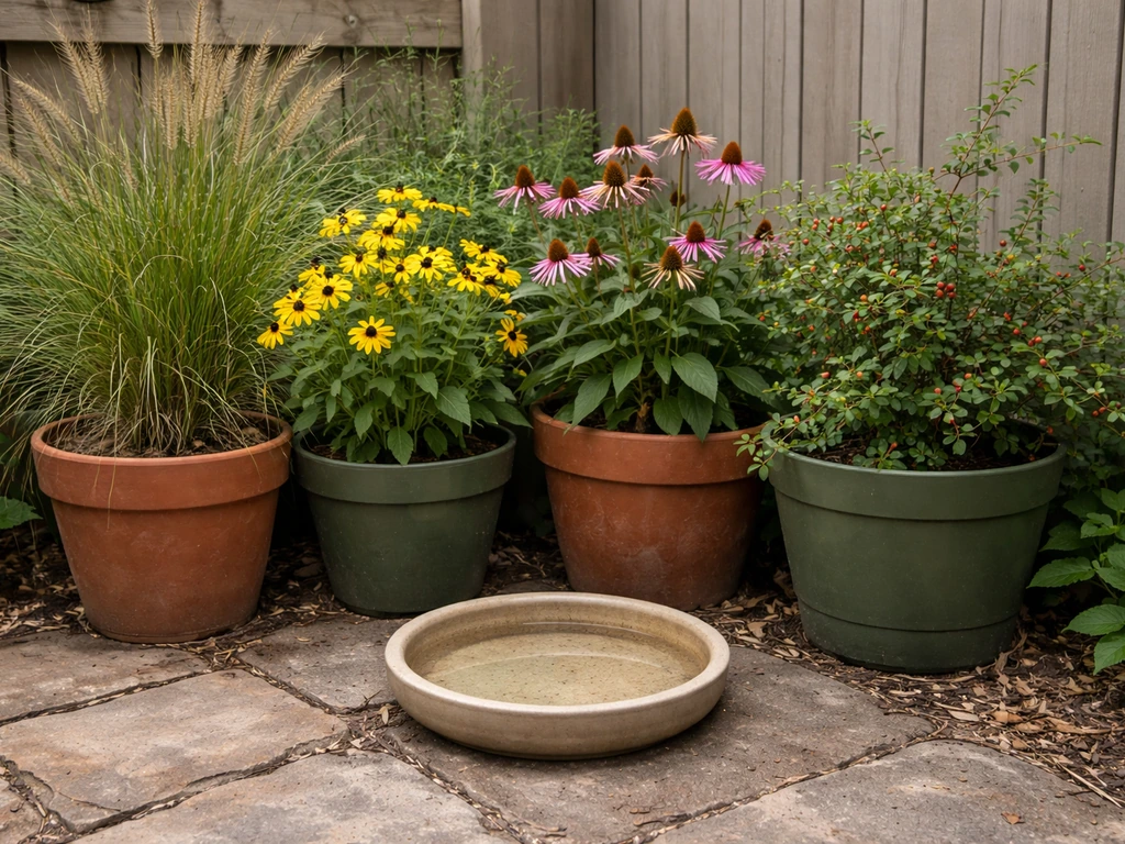 Native flowering plants and grasses in patio containers form dense shelter around a small bird feeding dish.