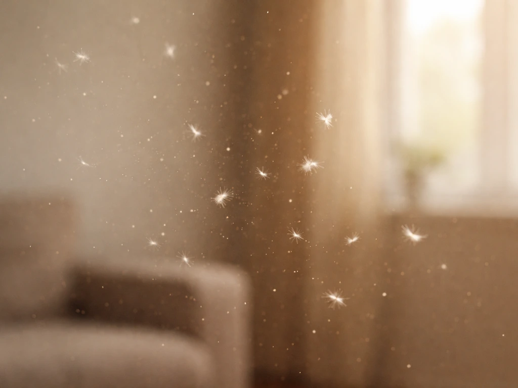 Close-up of tiny airborne bird down/dander particles drifting in a softly lit room, no bird visible.