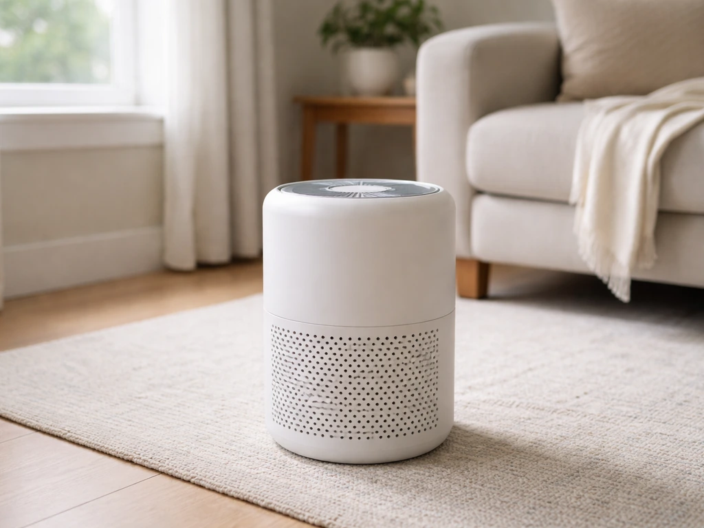 Levoit Core 300S air purifier on a floor in a small room with clean air setup for up to 200 sq ft.