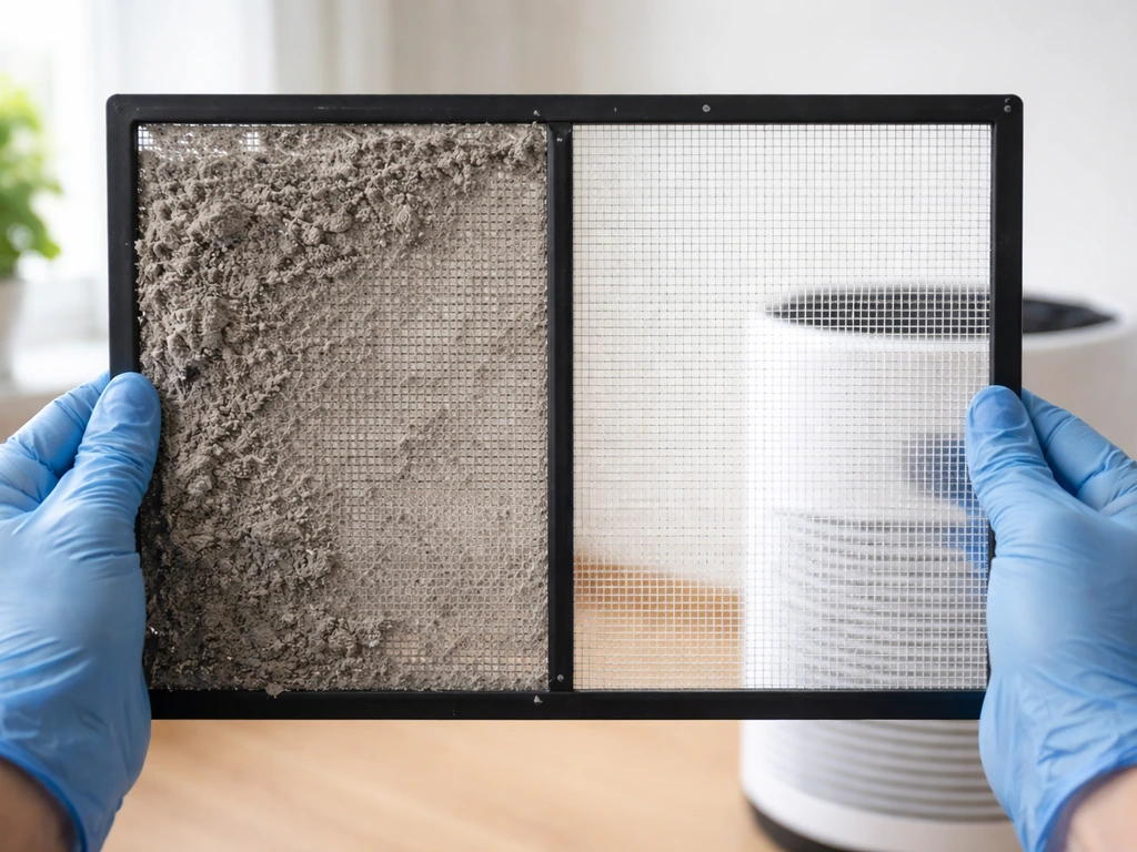 Gloved hands holding a pre-filter mesh, one side dusty and clogged, the other clean and clear.