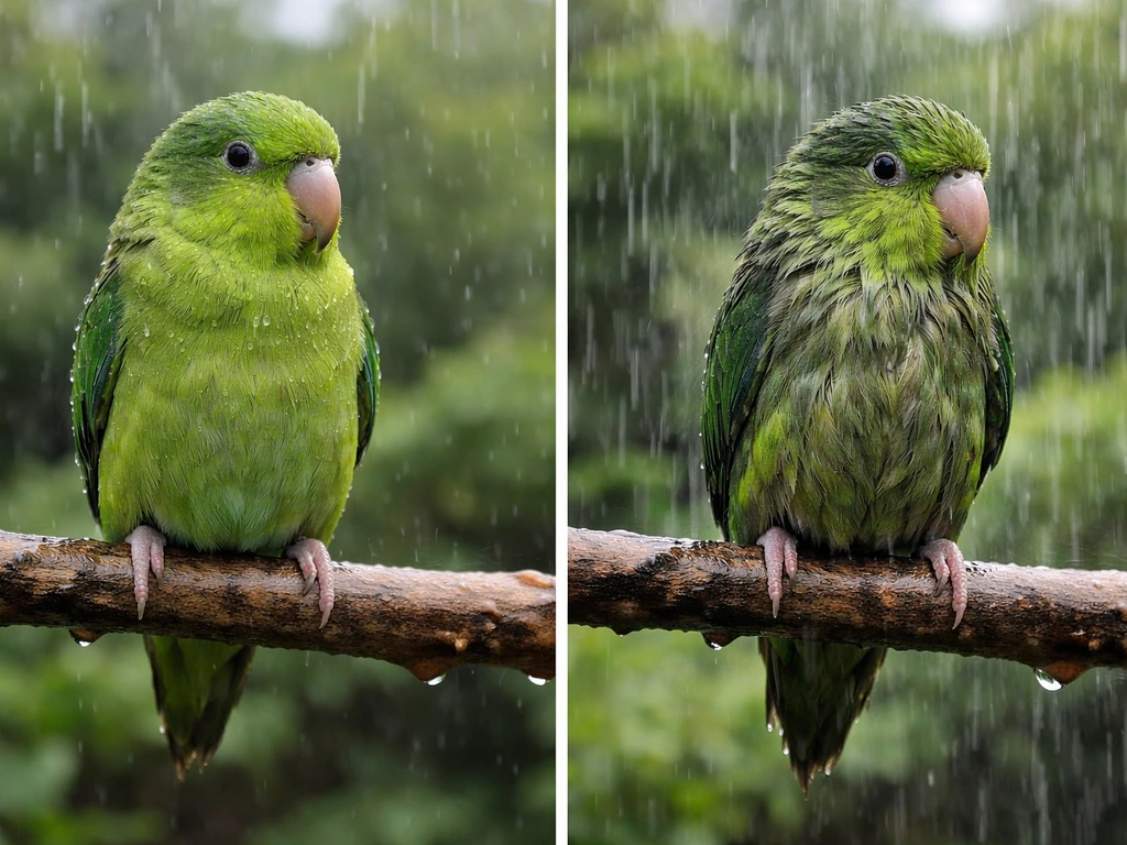 Two contrasting moments: a small parrot in light rain with dry-looking feathers beside one with soaked plumage.