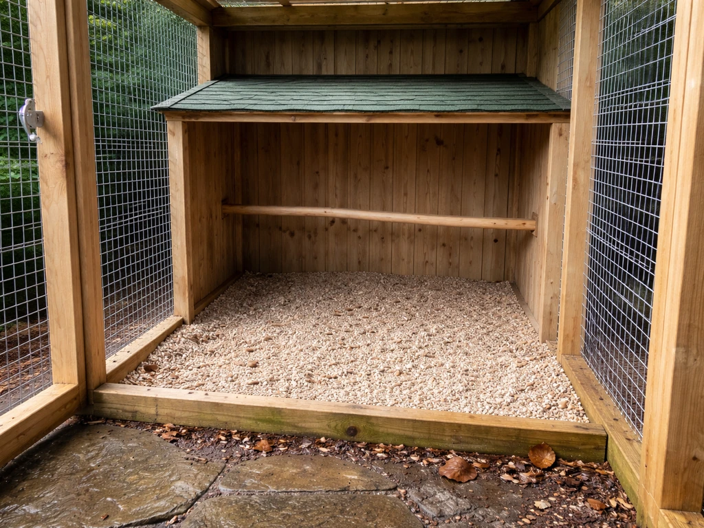 Dry, covered outdoor aviary section with a small bird-safe resting perch and sheltered warmth
