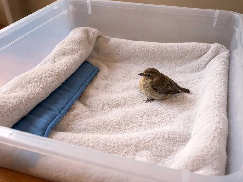 Towel-lined bird recovery enclosure with a heating pad under one side for indirect warming.
