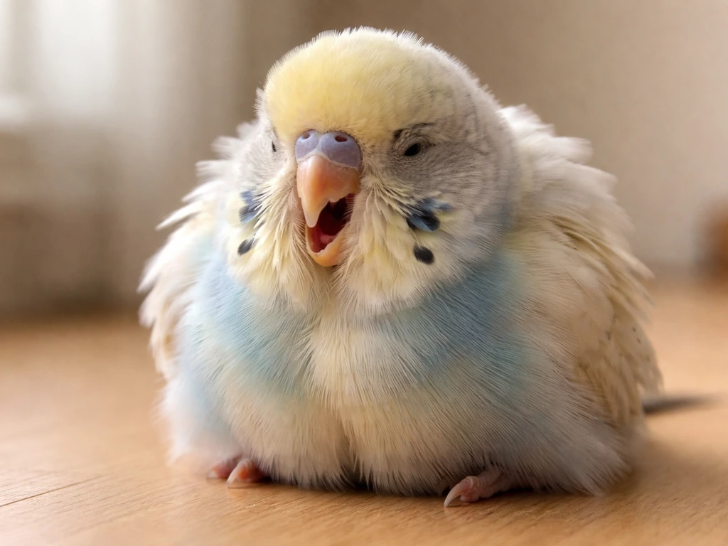 Close-up of a small bird with open-mouth breathing and fluffed, lethargic posture in a warm, quiet setting