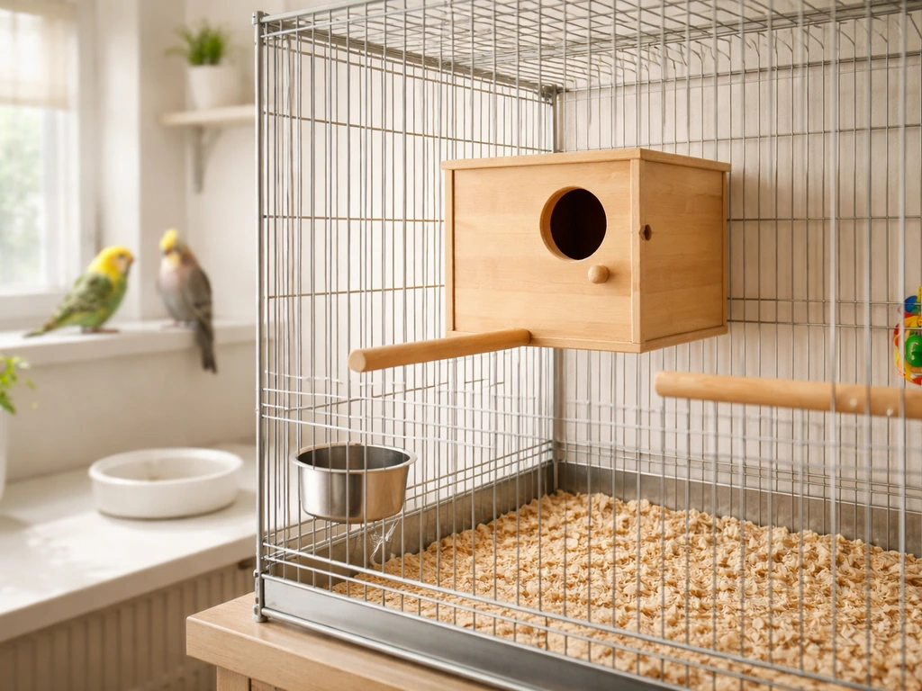 Clean indoor breeding cage with a nest box, with two small pet birds perched in the background.