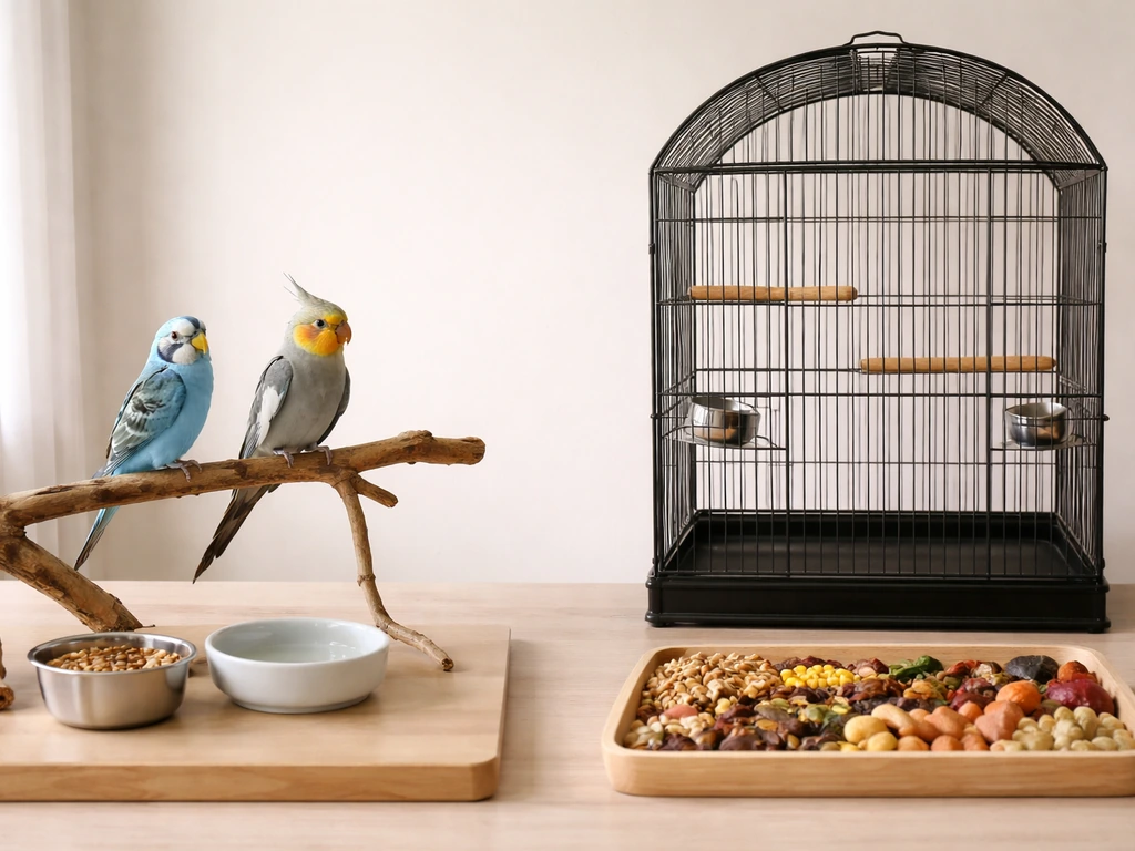 Left shows small pet bird setup; right shows larger parrot/wild-species setup to avoid, no text.