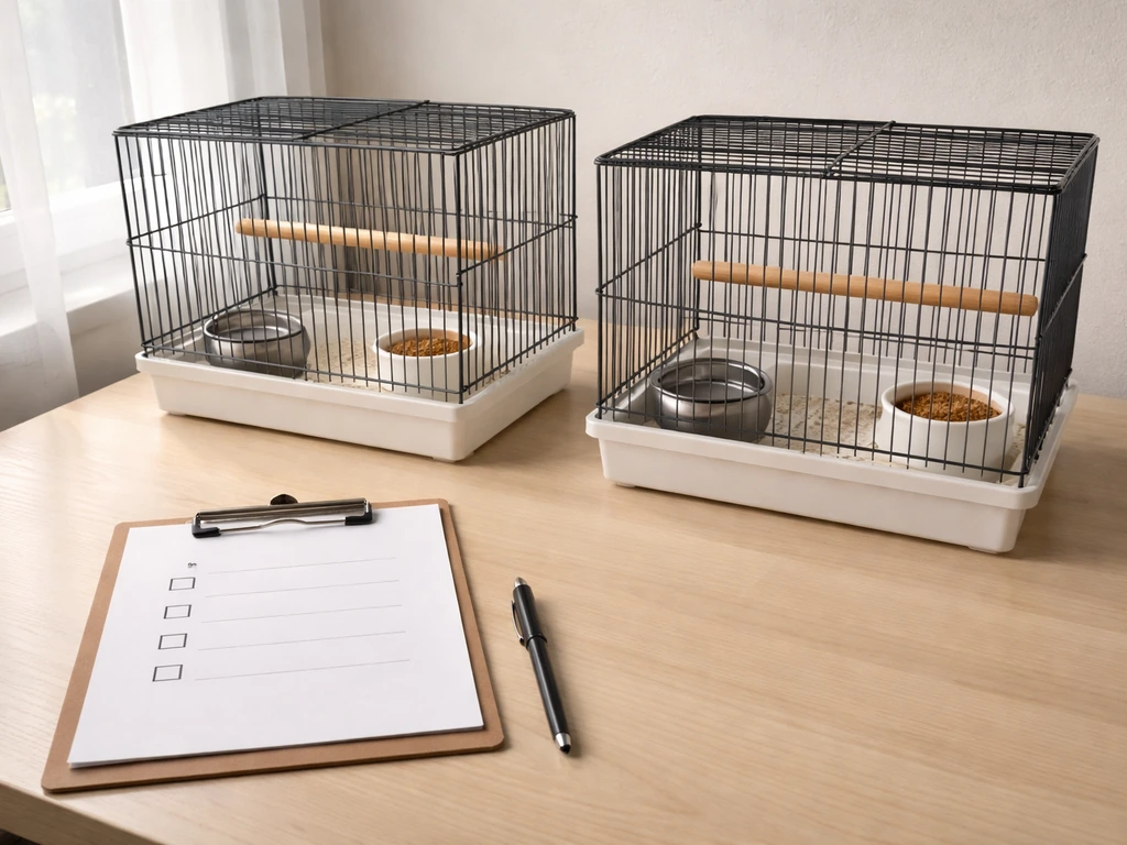 Two separate budgie enclosures set up for quarantine, with a simple checklist cue and clean bowls.