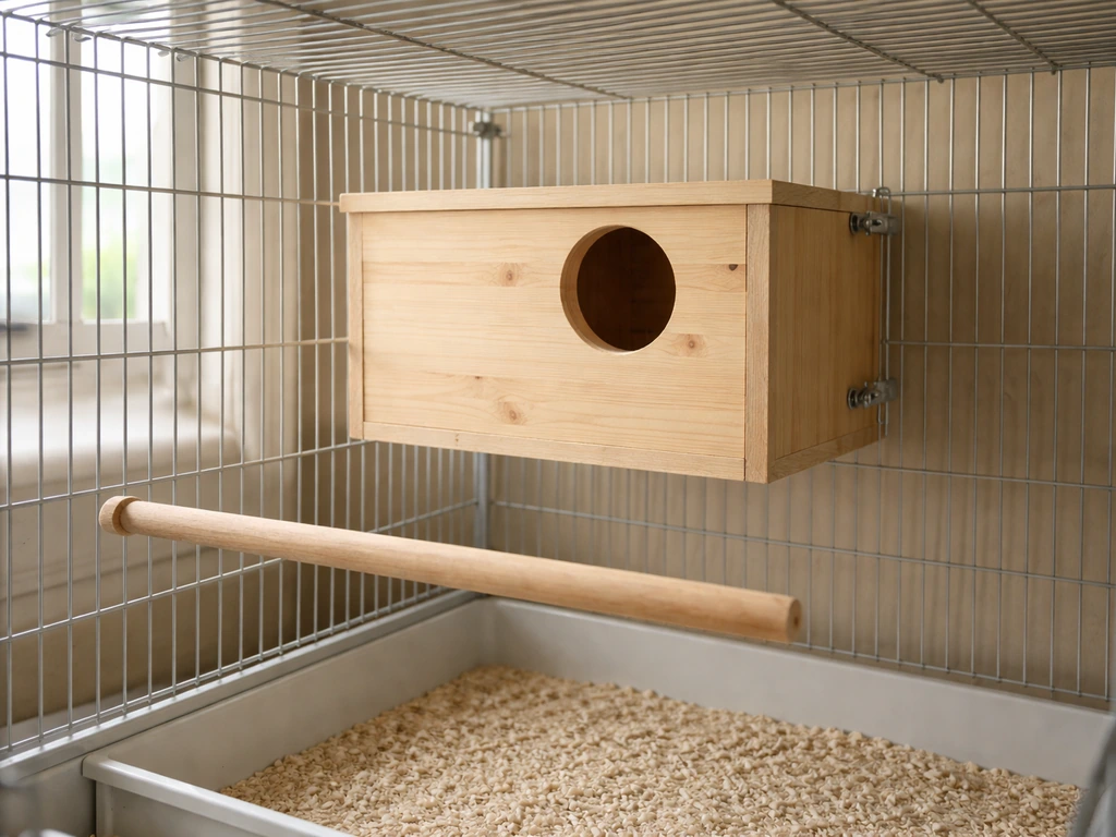 Clean budgie breeding cage with a securely mounted nest box and visible entrance hole.