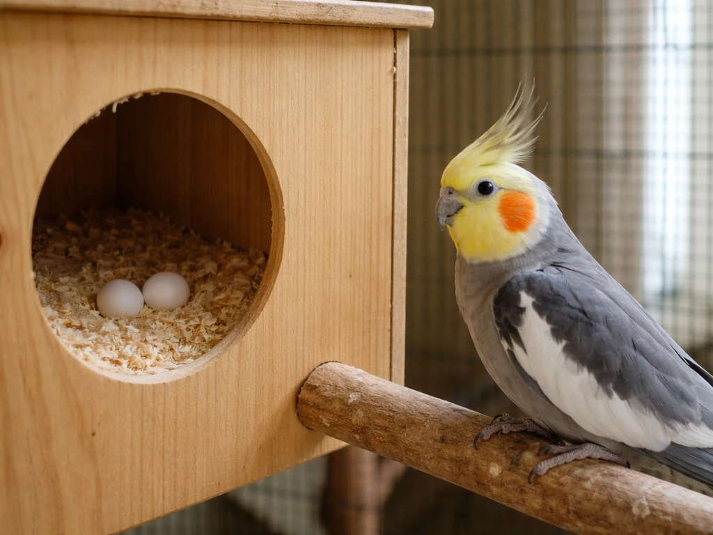 Side view of a nest box with eggs and a cockatiel perched nearby, calm parent-incubation scene.