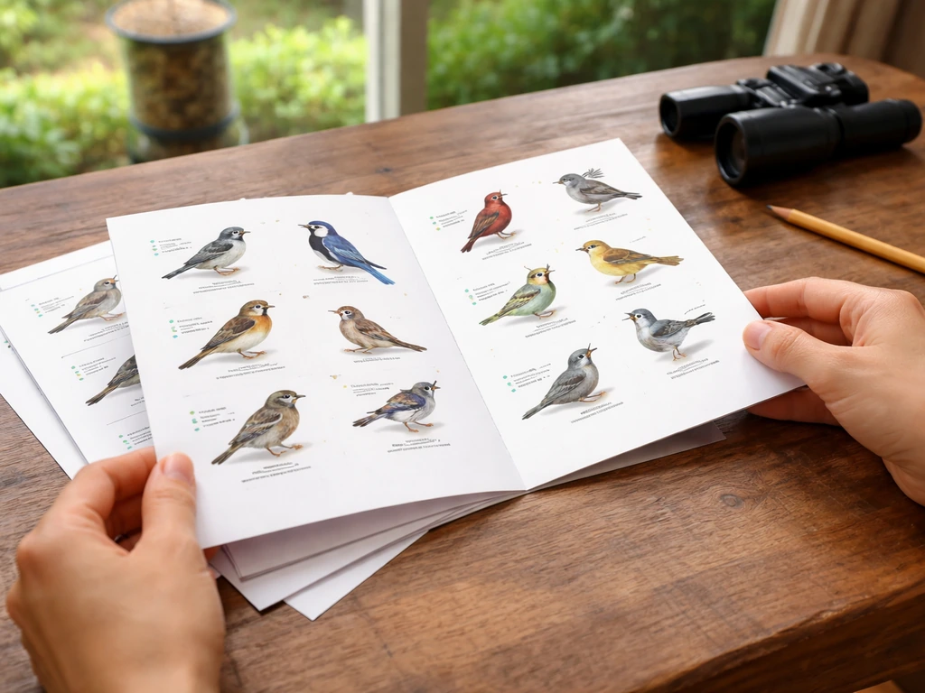 Hands holding open pages of a simple printable bird guide with clear bird images and color traits.