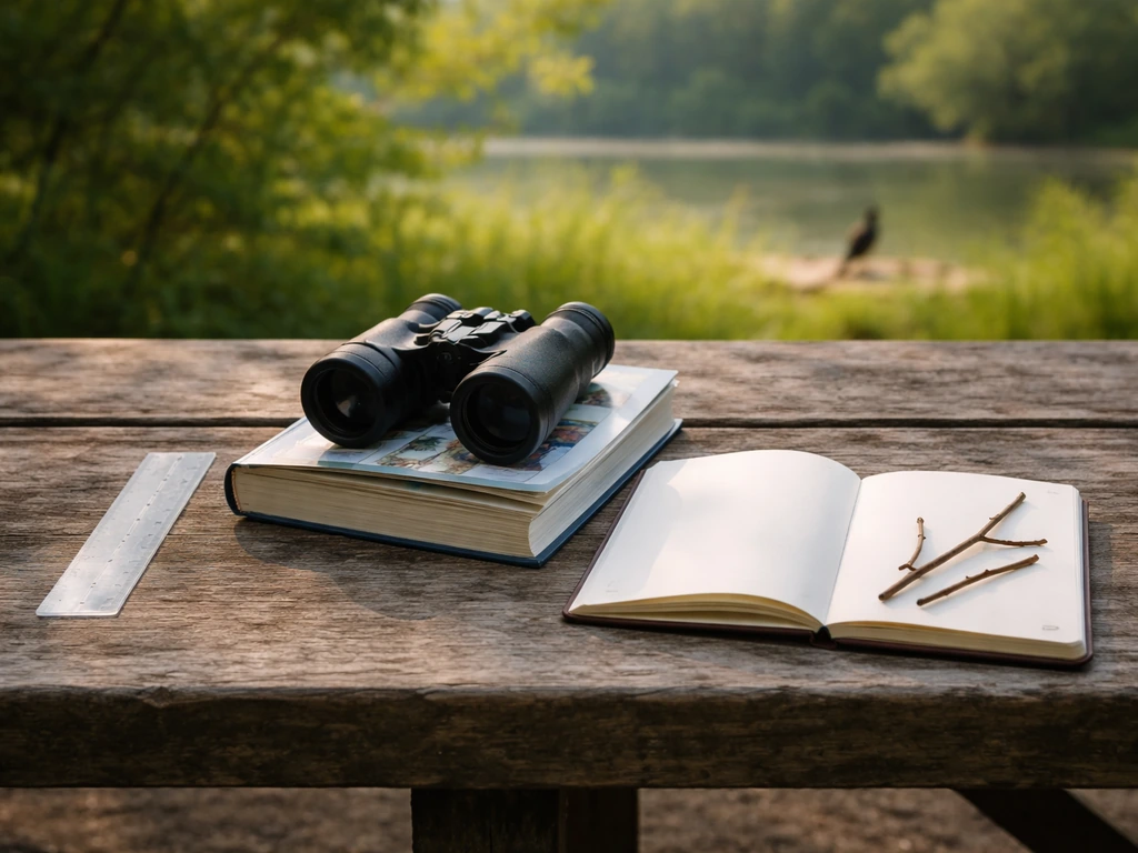 Outdoor bird ID setup on a table with ruler, binoculars, blank notebook and nature props, minimal and realistic.