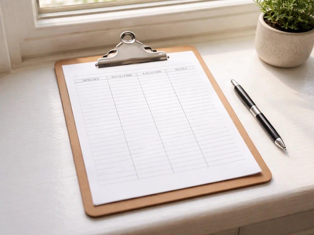 Bird checklist page on a clipboard near a kitchen window, with natural light on paper columns