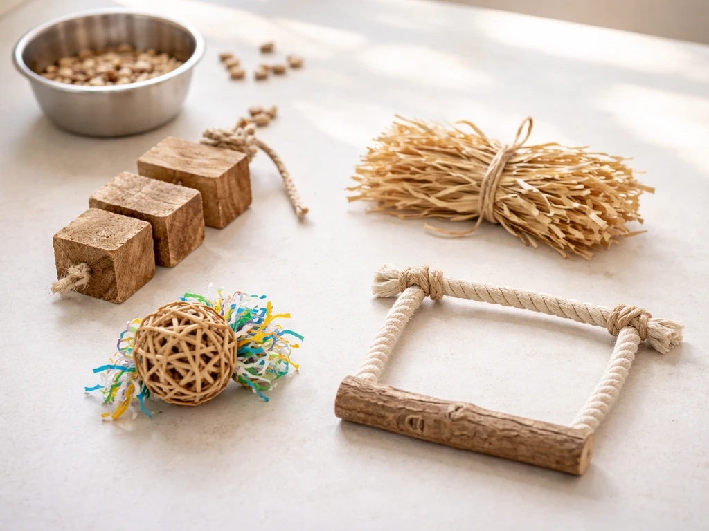 Top-down-style tabletop spread of bird-safe chew, shred, foraging and swing toy materials in natural light.