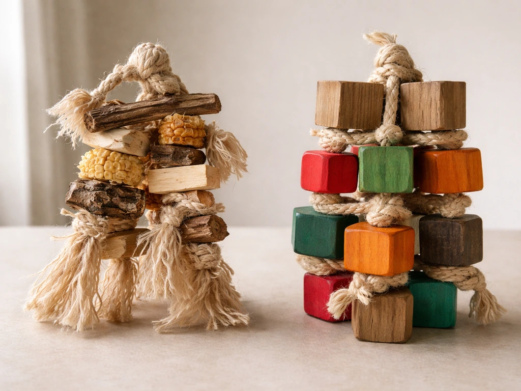 Two bird toys side by side: a shreddable gentle-nibbler style and a heavy-chewer chew toy.