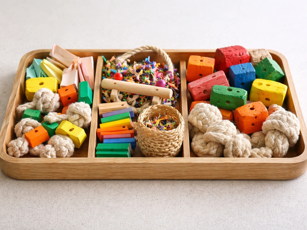Assortment tray of pet bird toys made from different safe materials grouped by size and texture