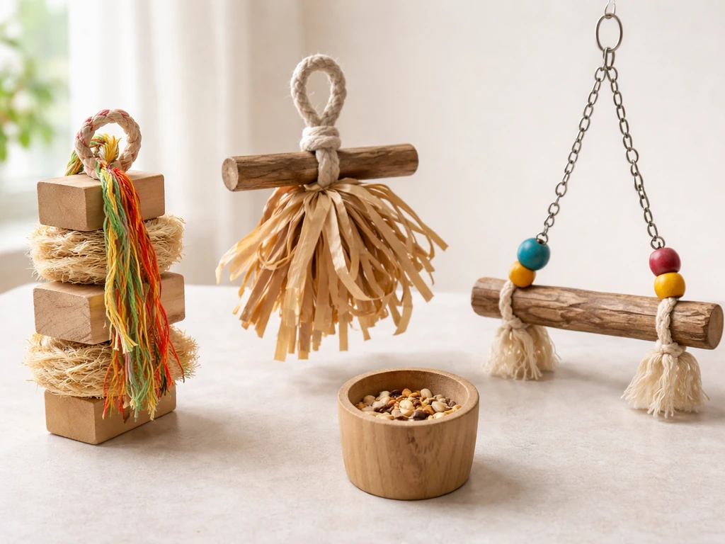 Four bird enrichment toys—chew block, shredding bundle, foraging cup, and small swing perch—on a neutral surface.