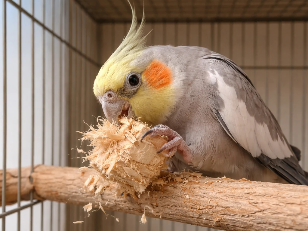 Cockatiel shredding a balsa/palm-fiber chew toy inside its cage, close-up of beak and fibers.