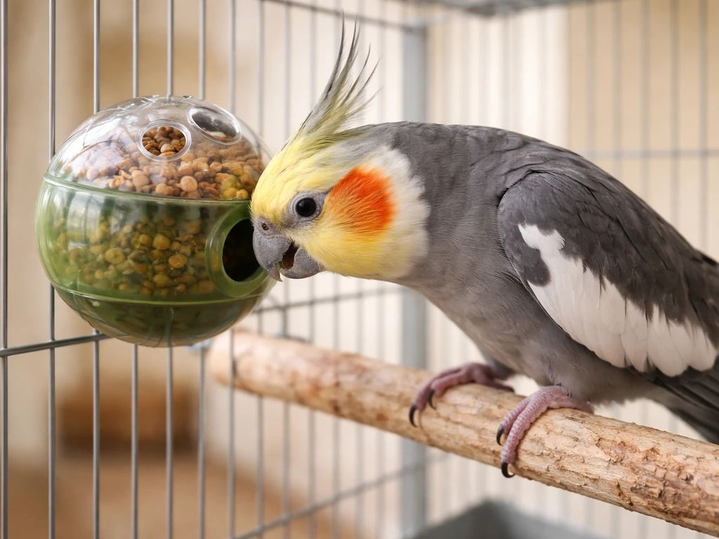 A cockatiel forages with its beak at a food-dispensing toy in a quiet indoor cage