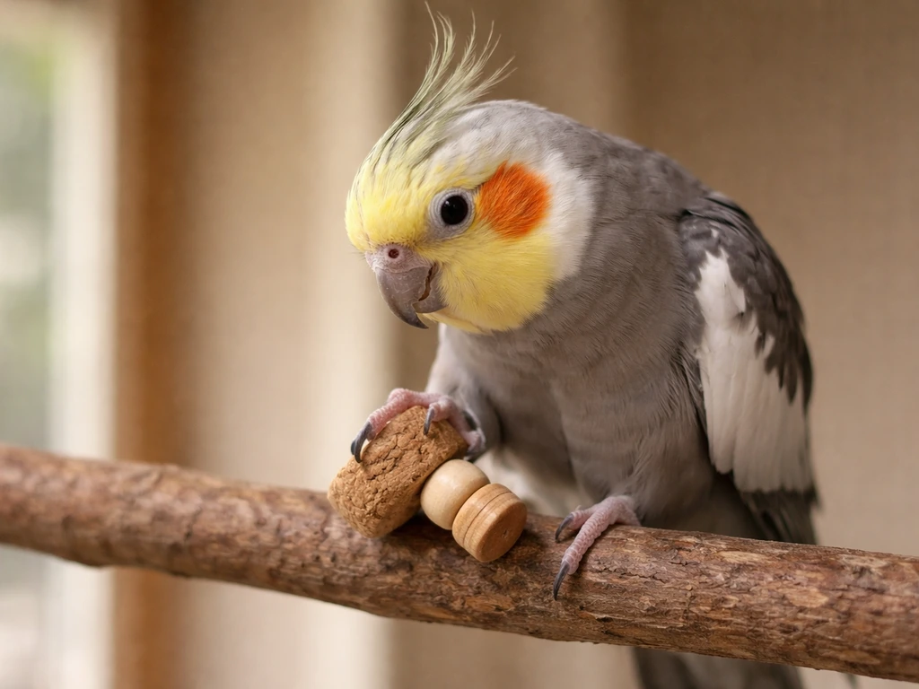 Cockatiel gripping and manipulating small wooden and cork toy pieces with its feet.