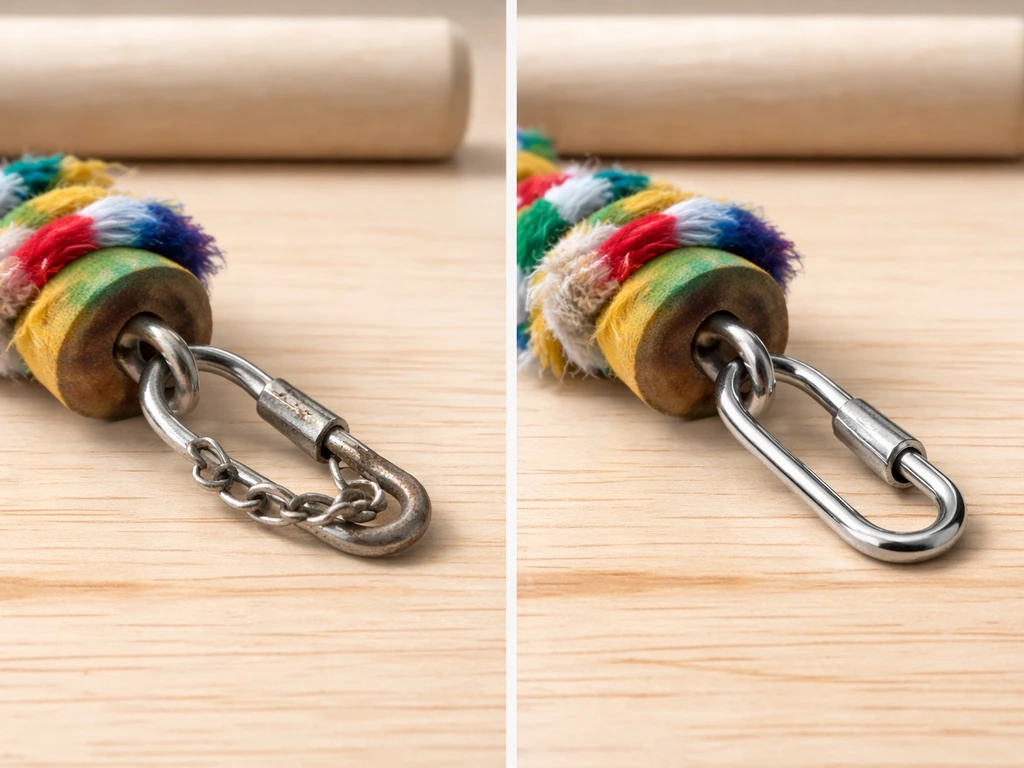 Side-by-side close-up of corroded metal bird-toy hardware vs clean stainless-steel safe attachment.