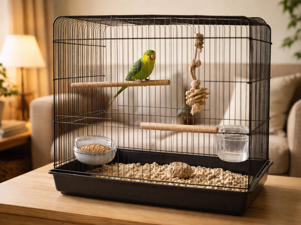 Neat bird cage setup with perches and food and water dishes in a warm, tidy home corner.