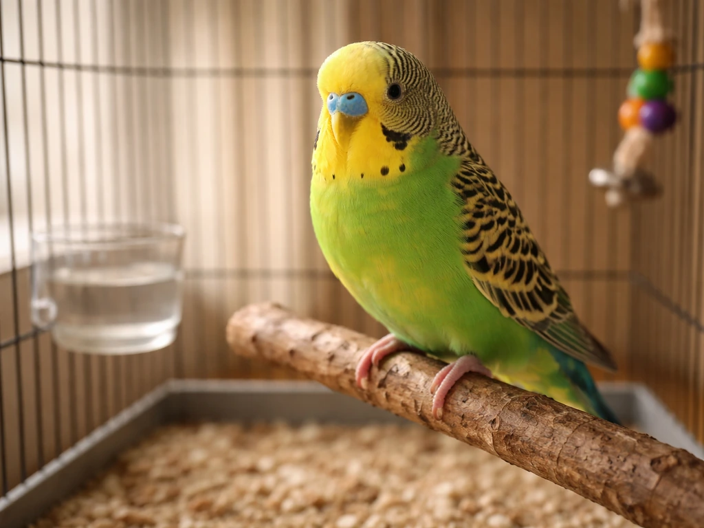Close-up of a budgerigar perched inside a clean, properly set-up bird cage with natural wood perches.