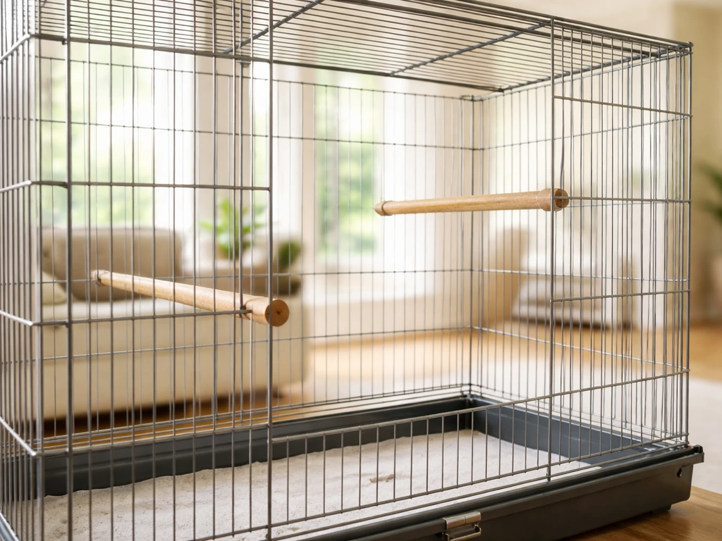 Side view of an empty spacious birdcage with wide bar spacing and room for full wing extension.
