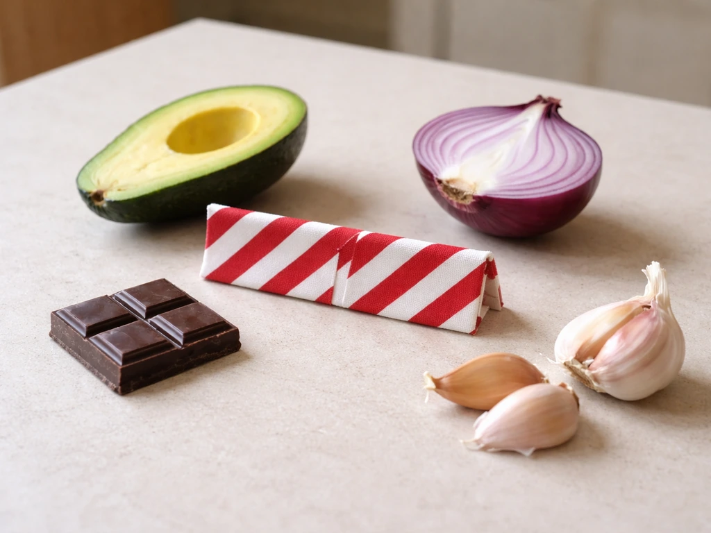 Minimal kitchen counter showing avocado, dark chocolate, onion, and garlic arranged as foods to avoid for birds.