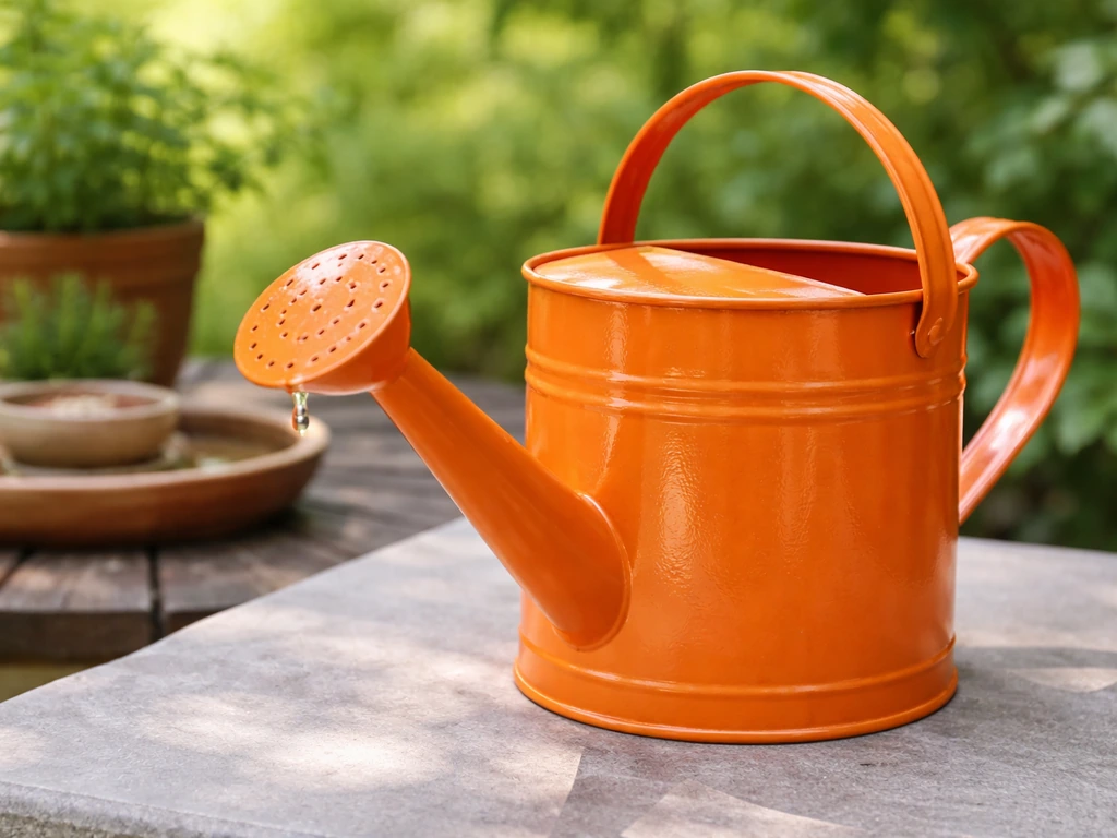 Bright orange bird watering can with visible spout and water drops, ready for daily watering.