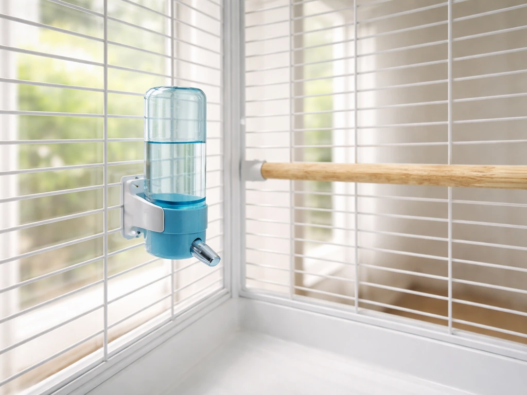 Clean bird cage with a water drinker mounted mid-height away from the bottom and from perches.