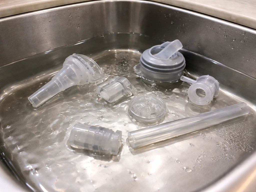 Disassembled drinker spout and cap submerged in a clear vinegar-water soak in a kitchen sink.