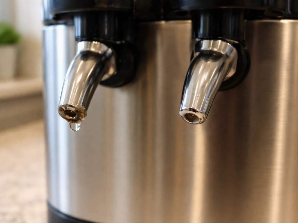 Close-up of clogged vs clean beverage spout tips showing mineral buildup at the clogged one.