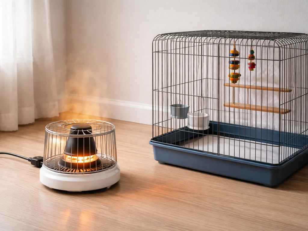 A ceramic thermostat-controlled bird heater beside a small cage, showing a warmer and cooler side.
