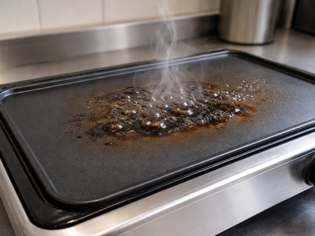 Close-up of an overheated nonstick-coated heater plate with scorching and light smoke rising.