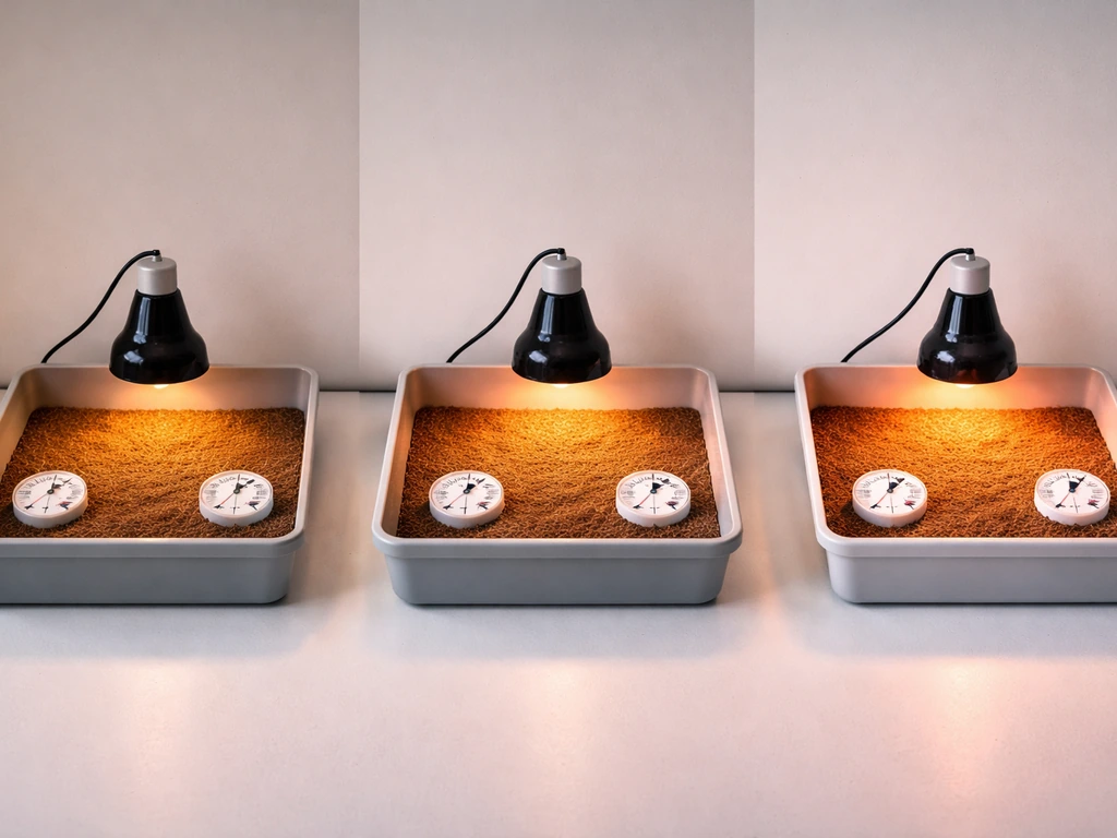 Three small heater setups in a row with cozy warmth and cool ends, showing stable temperature via thermometers.