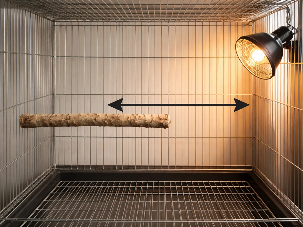 Pet bird cage with a side-aimed heat lamp creating a warm side and cooler end, viewed at eye level.