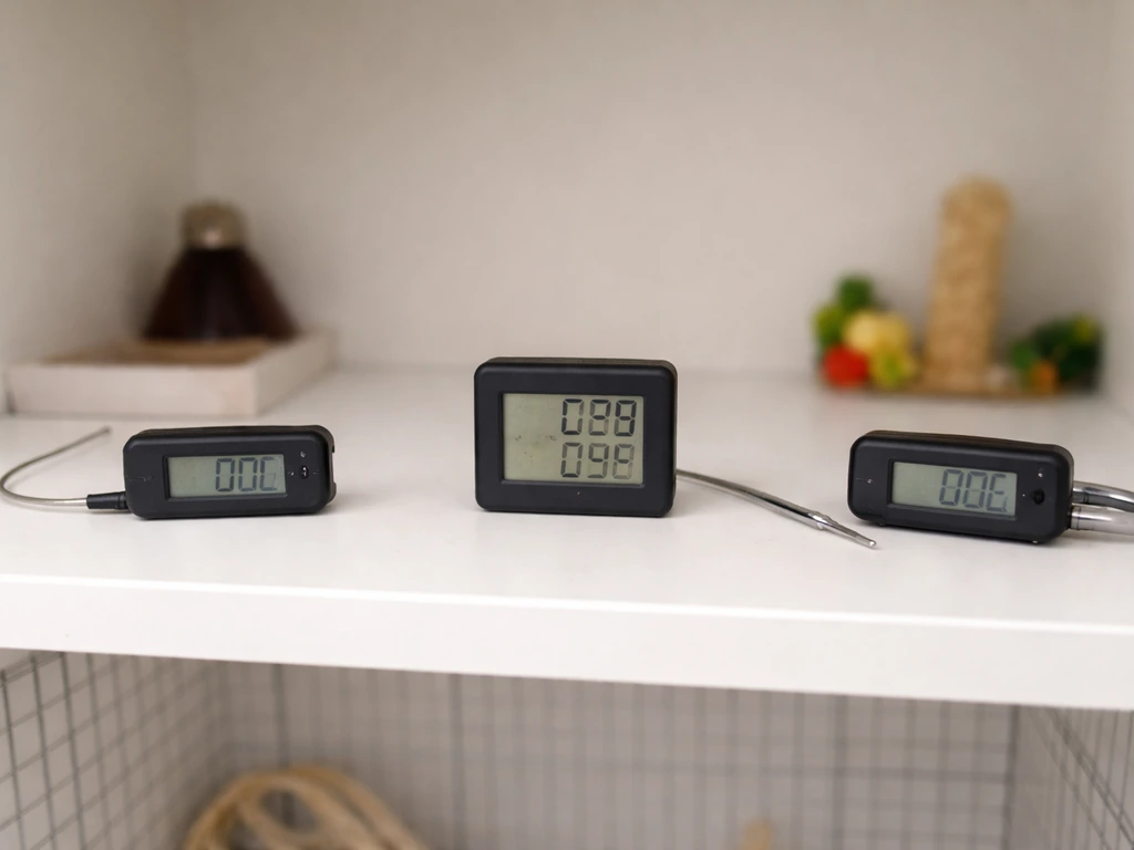 Digital thermometer probes and a hygrometer placed on shelves in a calm bird room monitoring setup