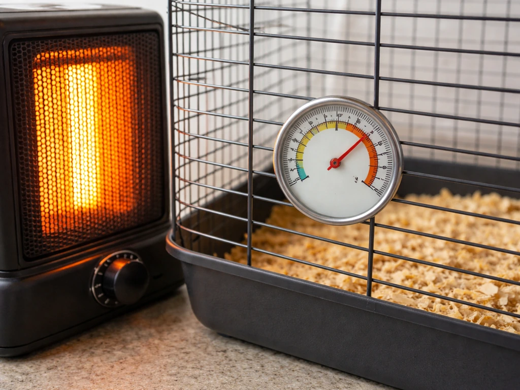 Minimal photo of a small heater near a cage with a thermometer showing the hot side, suggesting to move heater farther.