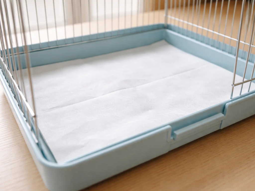 Clean bird cage tray lined with neat absorbent paper bedding for easy beginner cleanup.
