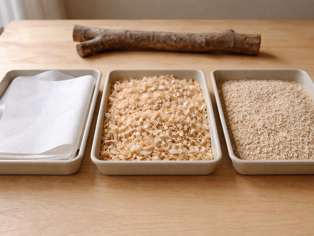Three small trays showing bird bedding types: flat paper liners, wood shavings, and loose substrate.
