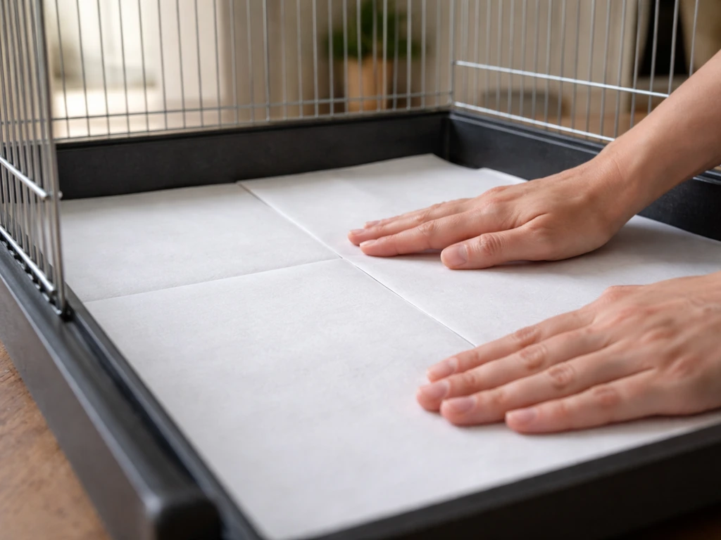 Hands laying paper cage liner flat across a bird cage tray for full, easy coverage