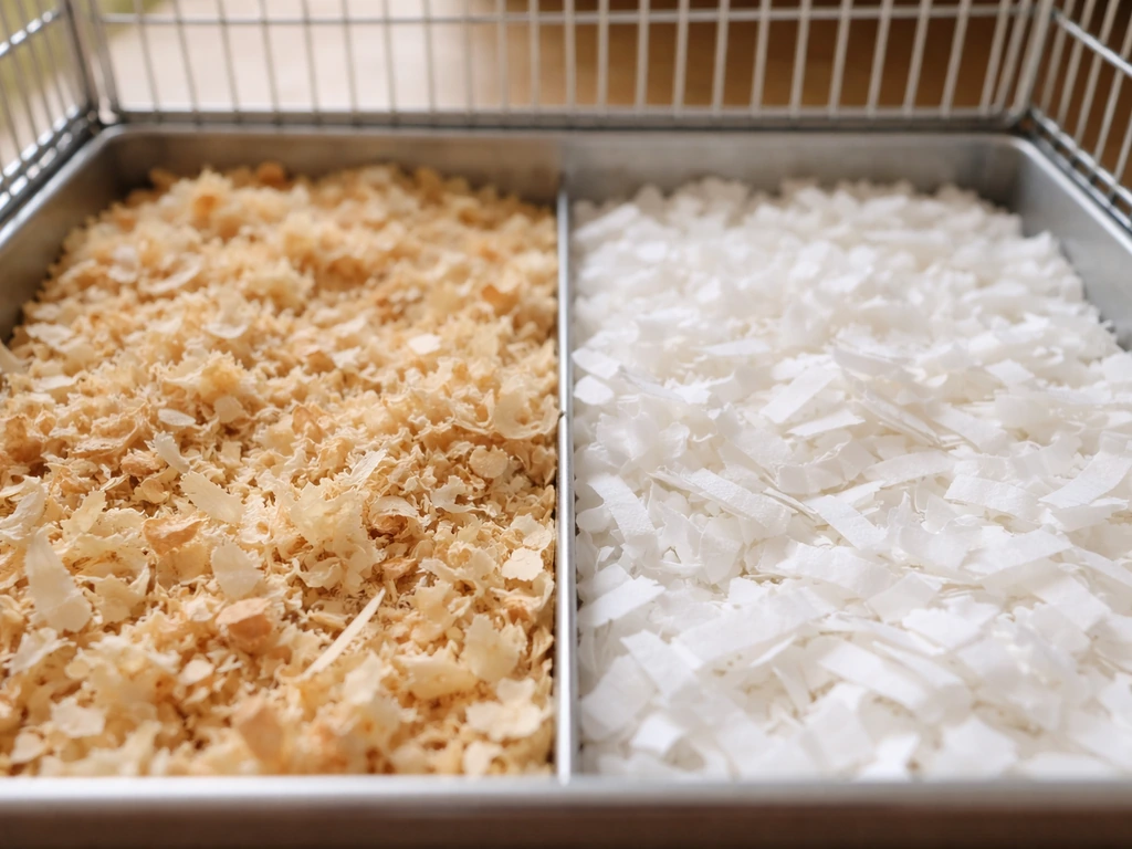 Close-up of a bird cage tray showing unsafe aromatic wood shavings beside safe plain paper bedding.