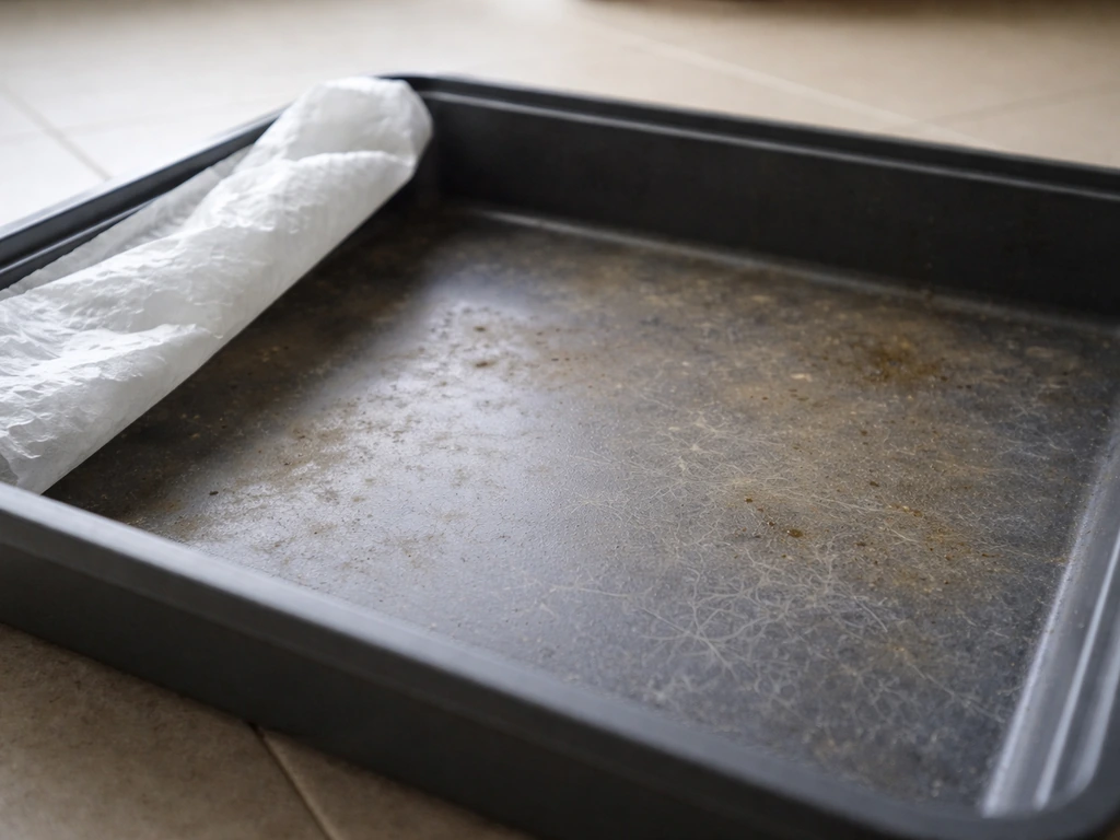 Close-up of a pet cage bottom tray with worn liner and odor residue stains, showing need for deeper cleaning