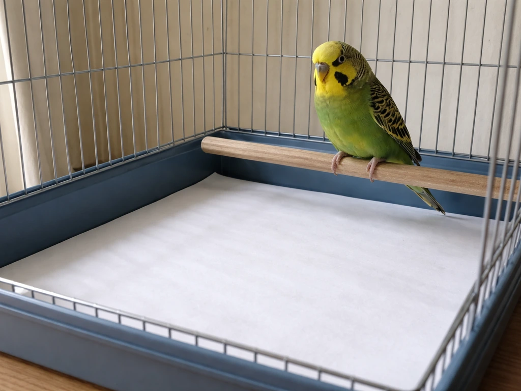 A small parrot cage with a plain paper liner, showing safe bedding material and a clean, minimal setup.