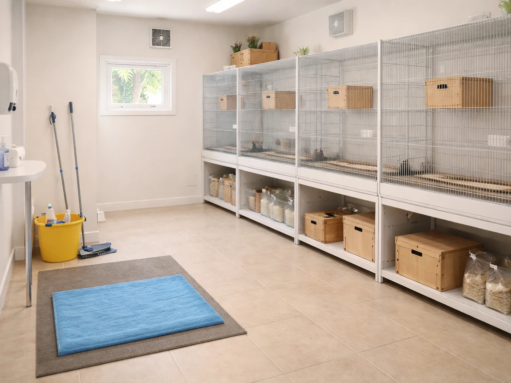 Bright bird breeding room with multiple cages, nest boxes, and simple biosecure workflow in a clean layout