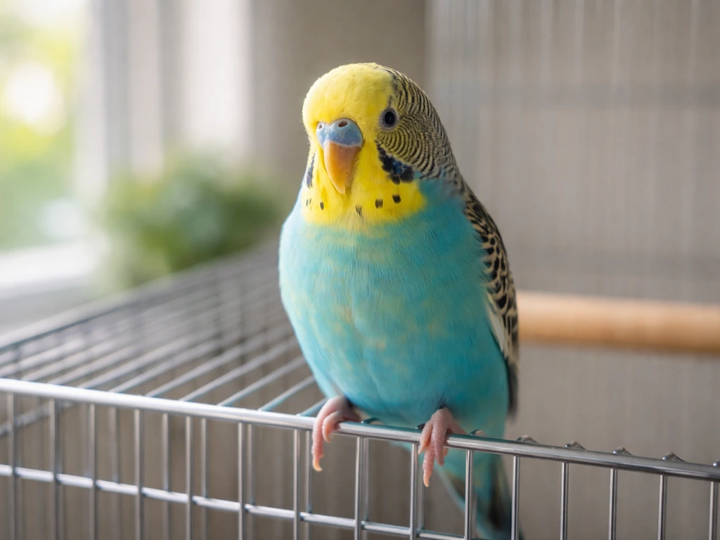 Colorful budgie perched at the edge of a simple indoor cage in soft natural light.